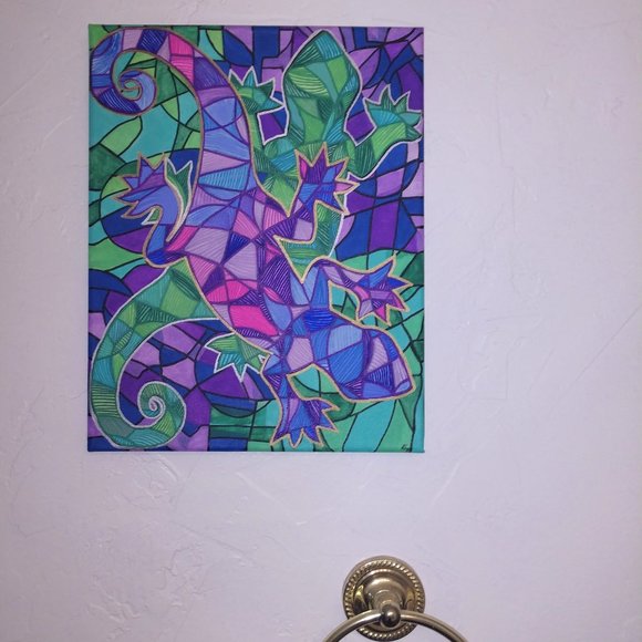 Abstract Style Painting Of Two Purple & Green Geckos Hand Painted 14x11 Canvas - Picture 13 of 16